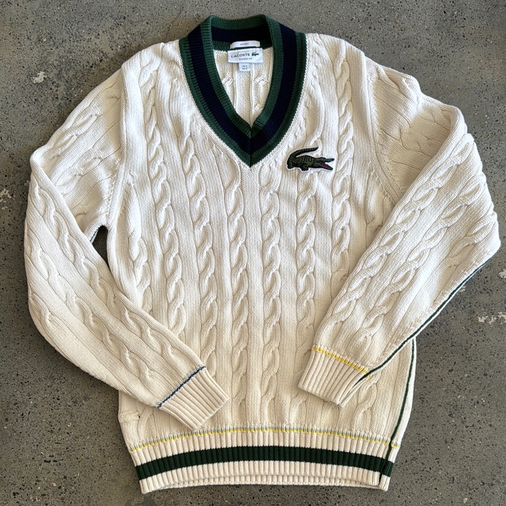 Lacoste White and Green V-Neck Sweater Cable Knit